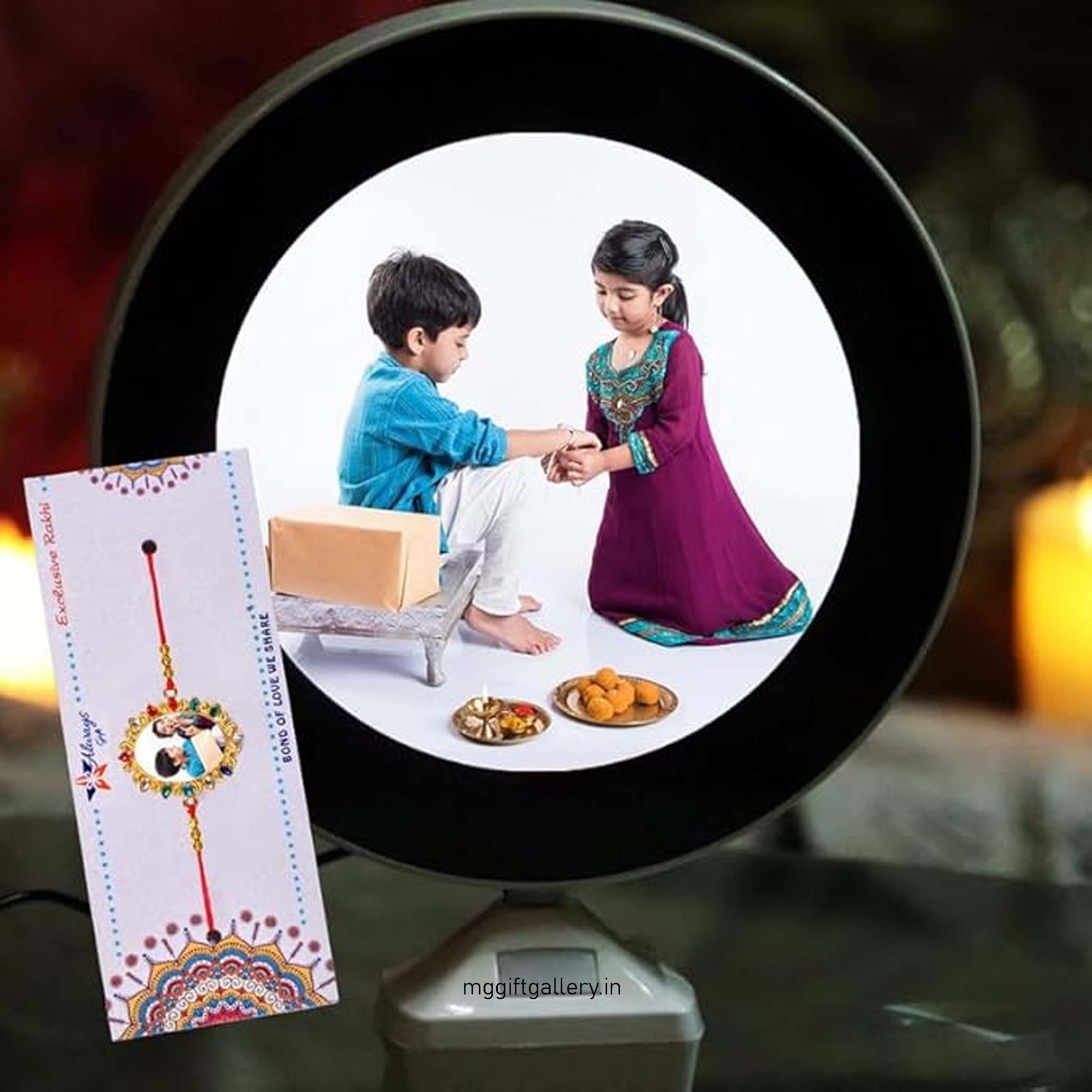 Alwaysgift Magical Mirror Customized Photo Frame with Personalized Rakhi, Designer Photo Rakhi Art Design for Brothers, Bhai, Bhaiya - Multicolor D6 Combo Gift