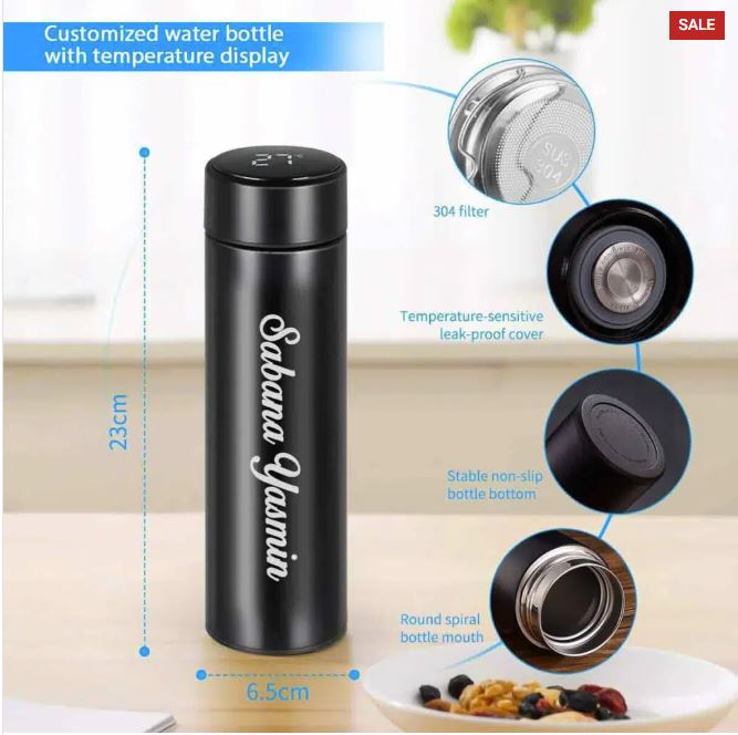 Customized name engraved vacuum flask with temperature display