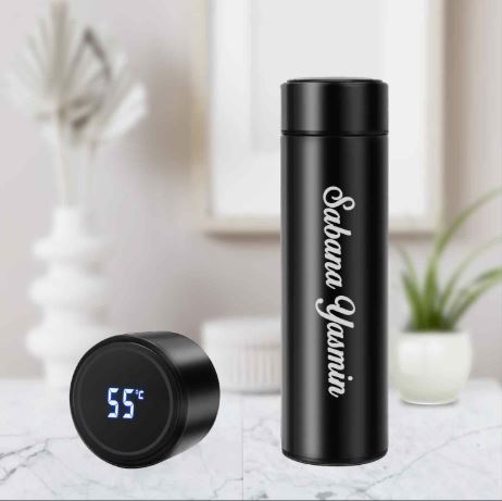Customized name engraved vacuum flask with temperature display