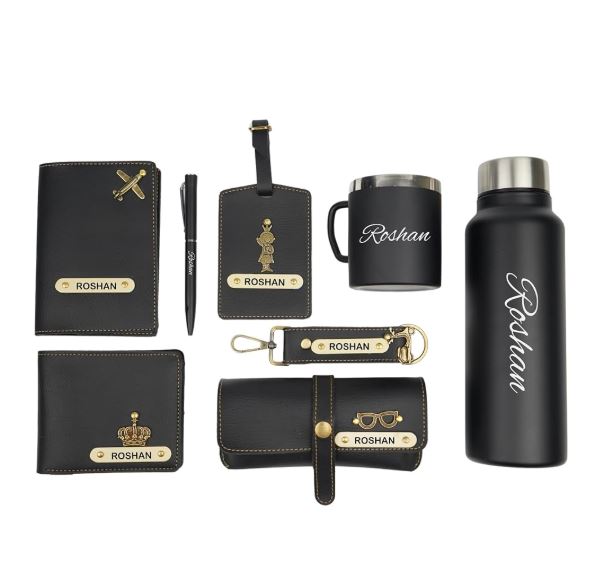 YOUR GIFT STUDIO Customized Man Gift with Name & Charm, Leather Men Wallet, Passport Cover, Water Bottle, Keychain, Customised Pen | Gifts for Men | - Black