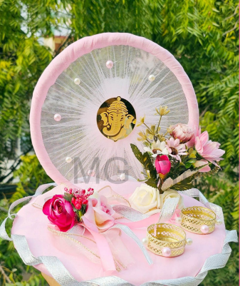 Light Pink Ring Platter with Detachable Ring Boxes & Artificial Flowers | Engagement & Ring Ceremony Tray