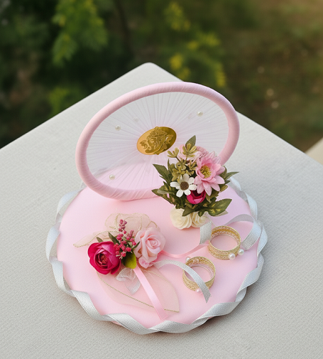 Light Pink Ring Platter with Detachable Ring Boxes & Artificial Flowers | Engagement & Ring Ceremony Tray