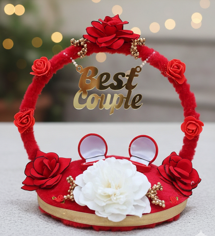 Red Ring Platter with Detachable Ring Boxes & Artificial Flowers | Engagement & Ring Ceremony Tray