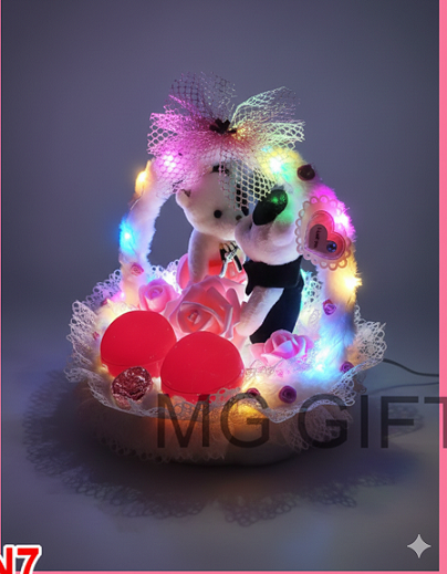 Enchanted LED Light-Up Engagement Ring Basket with Teddy Bears