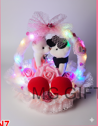 Enchanted LED Light-Up Engagement Ring Basket with Teddy Bears