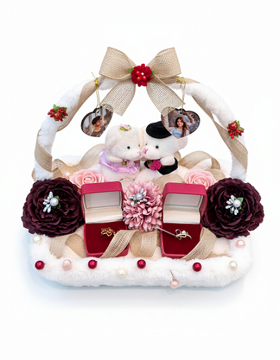 Handcrafted Engagement Ring Platter with Photo Charms & Velvet Boxes