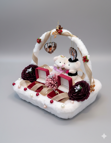 Handcrafted Engagement Ring Platter with Photo Charms & Velvet Boxes