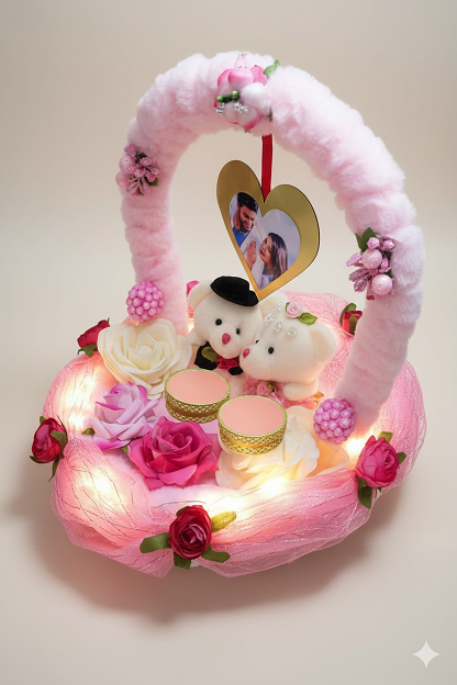 Romantic LED Lighted Engagement Ring Basket with Couple Dolls & Photo Frame
