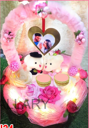 Romantic LED Lighted Engagement Ring Basket with Couple Dolls & Photo Frame