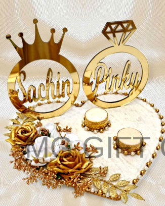 Royal Gold Heart-Shaped Ring Ceremony Tray with Custom Names