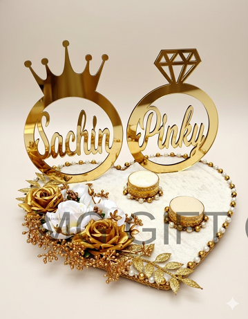 Royal Gold Heart-Shaped Ring Ceremony Tray with Custom Names