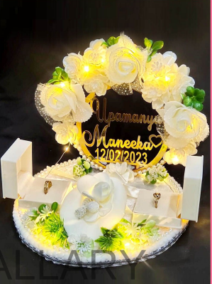 Luxury Gold Name & Date Ring Tray with White Floral Wreath