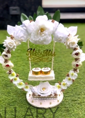 White Rose Wreath Engagement Tray with Golden Monogram