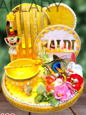 Luxury "HALDI" Ceremony Platter with Peacock Feather & Mirror Charm