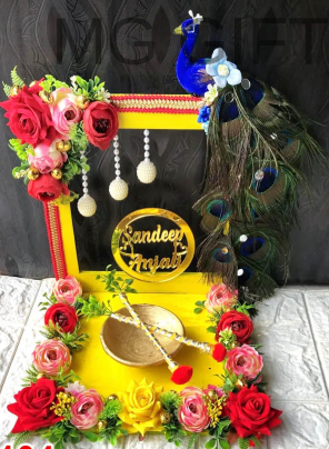 Custom Name Yellow & Red Floral Haldi Thali (Sandeep & Anjali Style)
