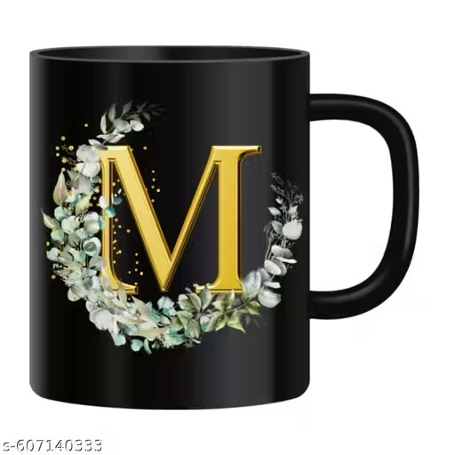 Luxury Black Tea Cup with Floral & Gold Initial Design
