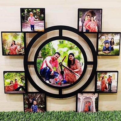 Personalized Wall Hanging Designer Clock with 9-Photo Gallery