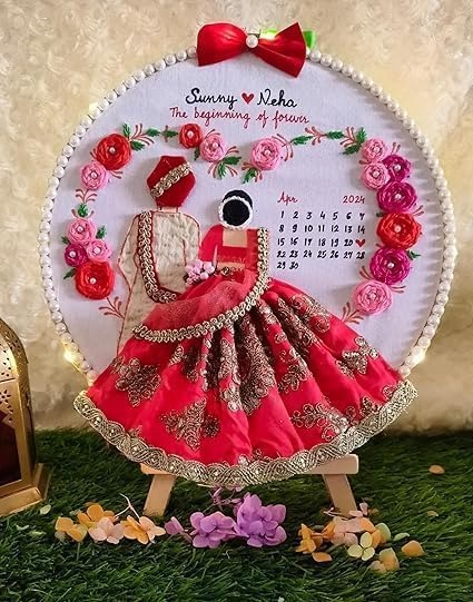 NFINITY CREATIONS Customized Wedding Embroidery Hoop Frame | Handcrafted Decorative Wall Art with Floral Design, Pearl Border & Calendar Display | Personalized Couple Names | Marriage, Annniversay Gifts | Red and Pink Theme Keepsake Gift (10 Inch)