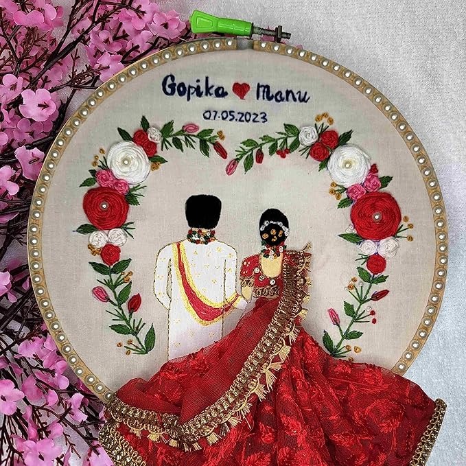 Personalized Couple WedHoopding Embroidery  | North Indian Style | Unique Handmade Gift for Birthday Wedding Anniversary Festivals | 8 Inches | Dream Gifts