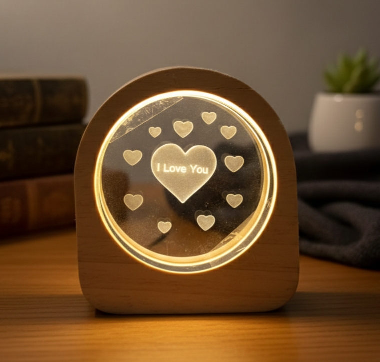 3D Love Heart Crystal Ball Night Lamp with a wooden base.