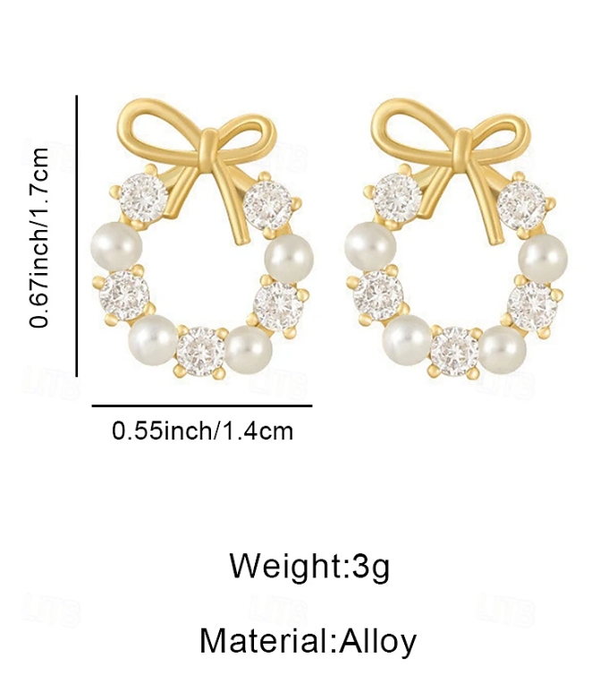 Women's Pearl Bow Earrings – Elegant Wreath Studs with Crystal Accents, Fashion Jewelry for Ladies & Christmas Gift