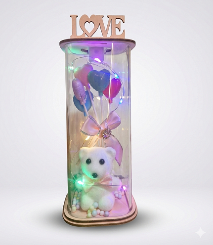 Teddy Bear & Heart Balloons LED Lamp with Wooden "LOVE" Topper
