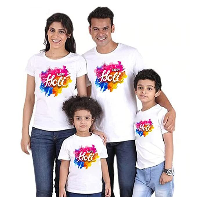 Happy Holi Print Holi T-Shirt for Men Women Couple Kids Adult Boy Girl Family| Combo T-Shirt for Entire Family-Pack of 1 Tshirt