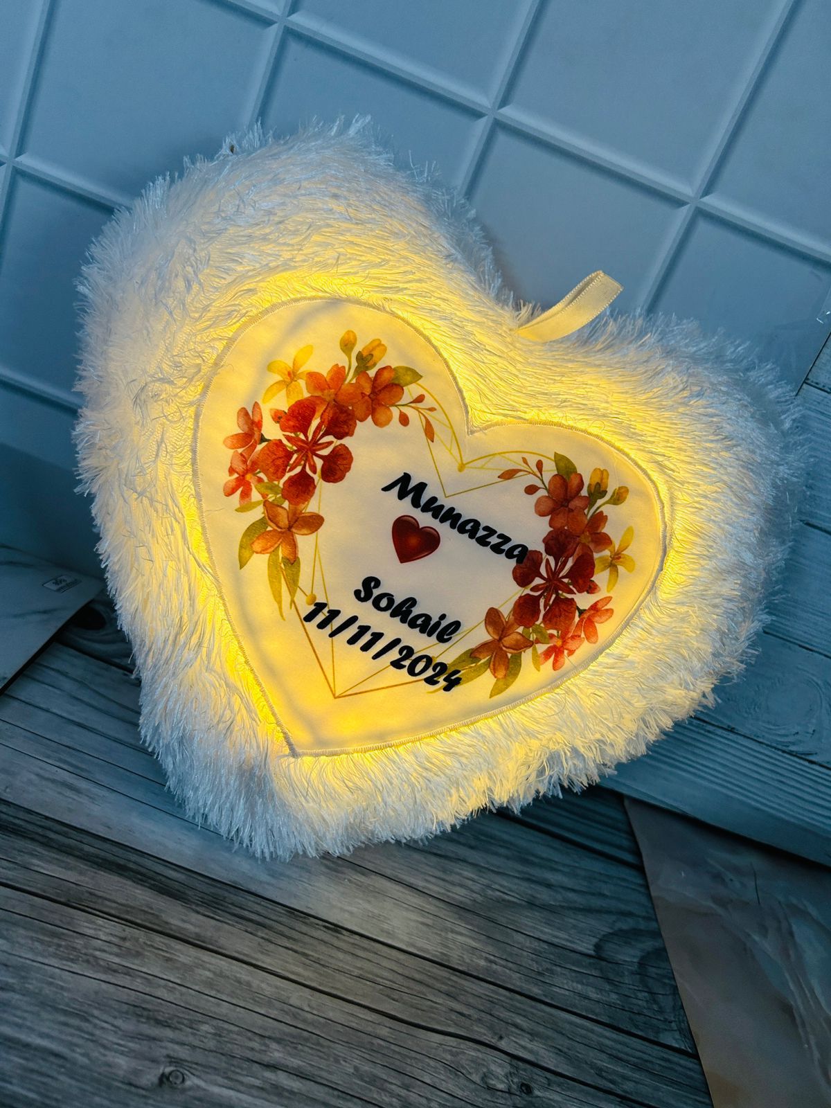 LED Heart Fur Cushion Pillow with Remote (15 x 15 inch, Multicolor LED)