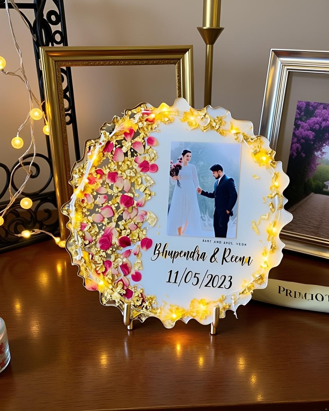 Customizable Resin Photo Frame with Name & Date | Personalized Handmade Resin Art Gift for Couples | Dried Flower Memory Keepsake for Any Occasion – Wedding, Anniversary, Birthday – (WHITE, 12IN)