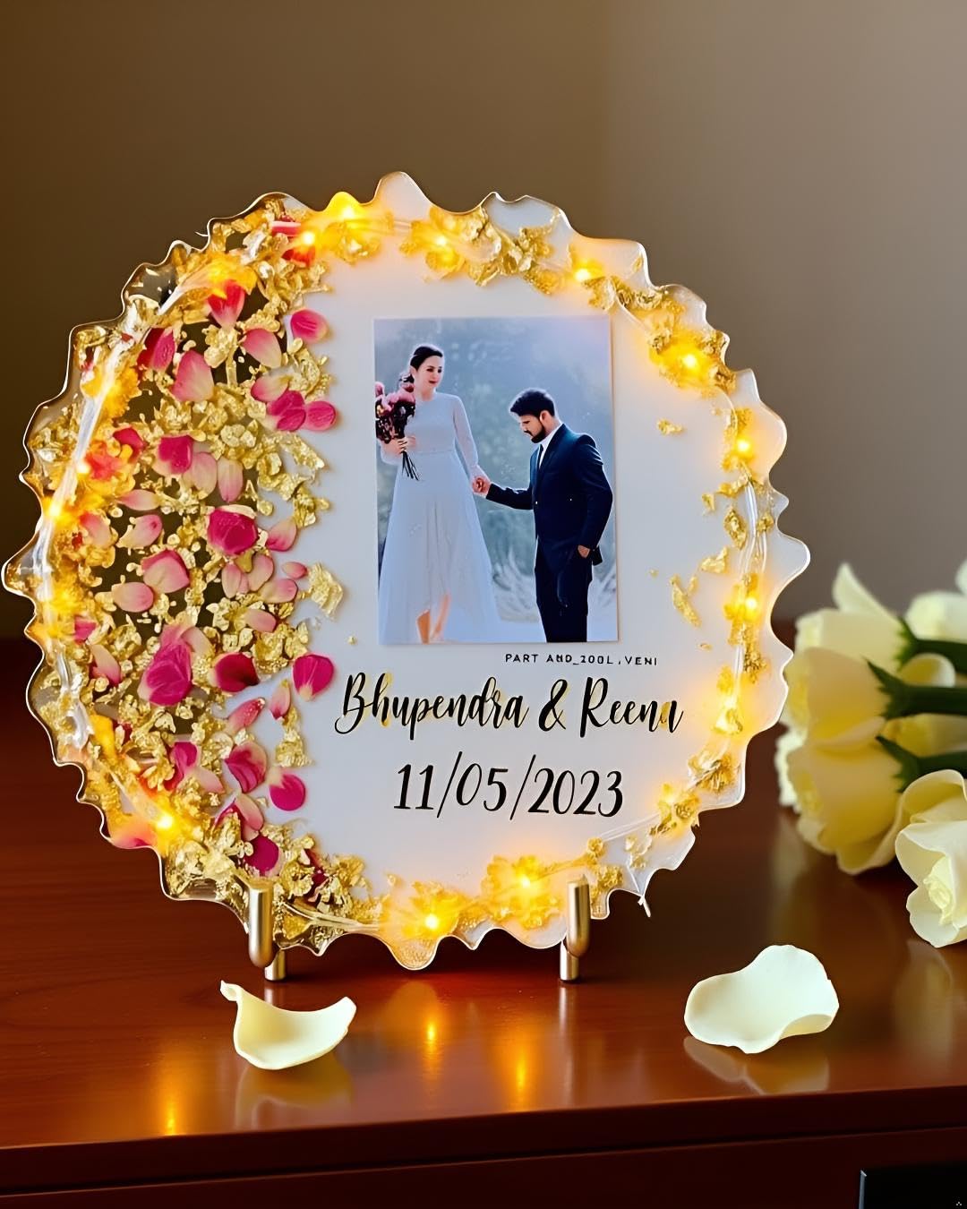 Customizable Resin Photo Frame with Name & Date | Personalized Handmade Resin Art Gift for Couples | Dried Flower Memory Keepsake for Any Occasion – Wedding, Anniversary, Birthday – (WHITE, 12IN)