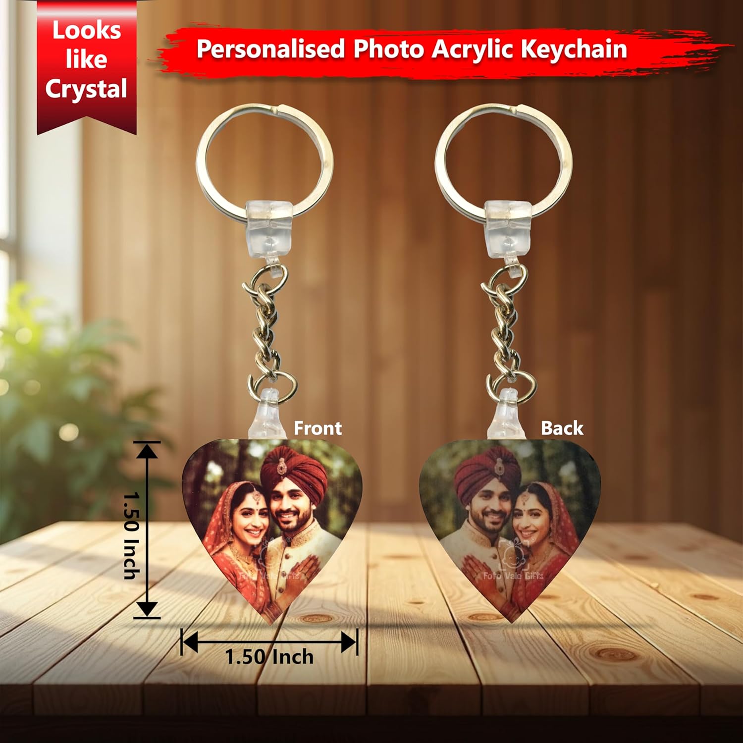 Custom Heart-Shaped Photo Keychain, Crystal-Like Acrylic, 10mm Thick, Stainless Steel Ring, Digitally Printed
