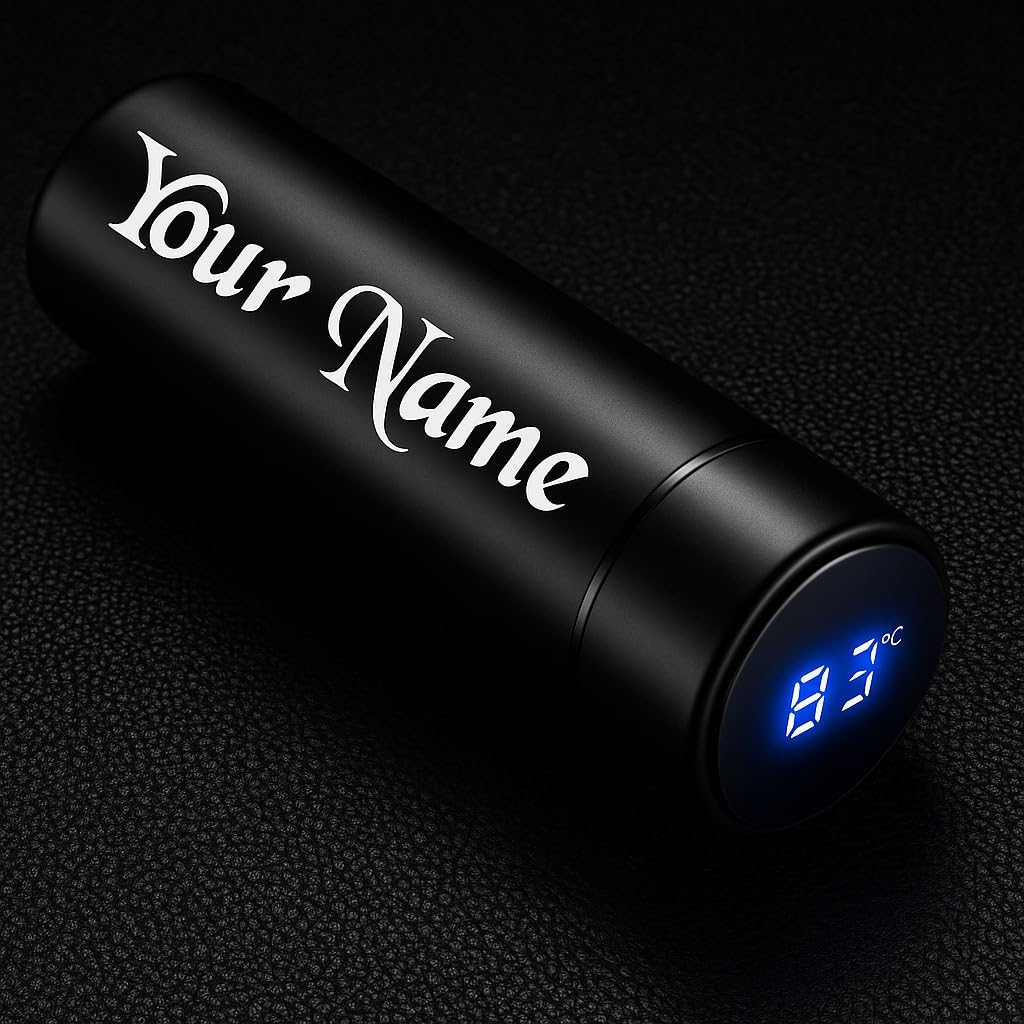Customized/Personalized Stainless Steel Water Bottle with Smart LCD Touch Screen, Keep Cold 500 ml (Matte Black)